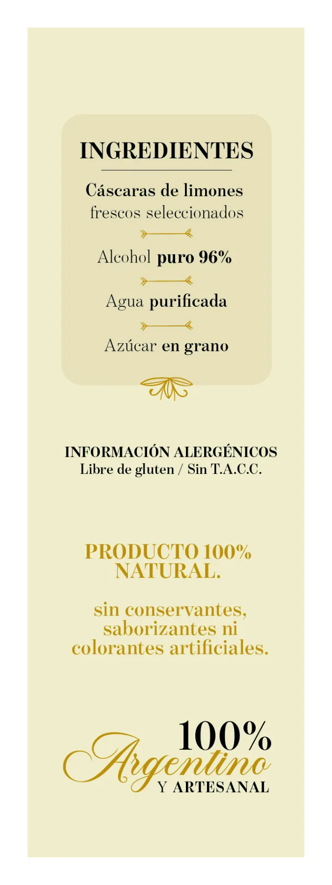 Etiqueta posterior con ingredientes de Limoncello casero